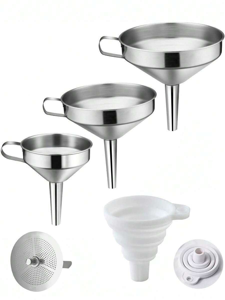 1 pieza/2 piezas Embudo de silicona, Embudo de acero inoxidable con filtro, Embudo de cocina plegable, Herramienta de cocina, Embudo para envasar aceite de oliva, Embudo filtro de residuos de aceite, Embudo de varios tamaños, Embudo de filtrado de bebidas, Adecuado para cocina, restaurante, bodega, repostería - Multicolor - Ver 1