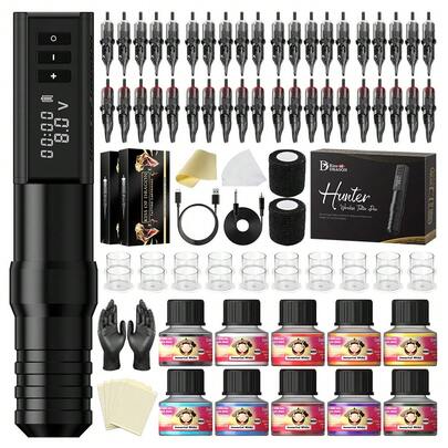 T-Rex 1 Set Professional Wireless Tattoo Machine Kit Pen With Portable Power Coreless Motor Digital LED Display,40pcs Tattoo Needles,Pen Holder,Practice Leather,For Body Art