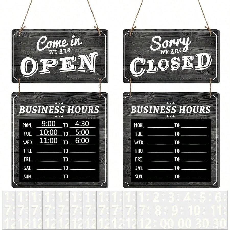 Business Hours Sign Store Hours Sign Hanging Open And Closed Signal Double Sided Wooden Business Hangable Decorative Welcome Boards With Time Digital Stickers And Hook Store Shop Black Board - Bảng đen - Xem 1