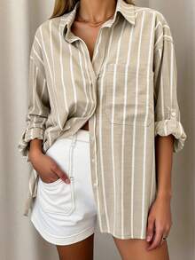 Women's Casual Shirt With Buttons And Stripes, Casual And For Everyday Wear. - 卡其色 - 查看 3