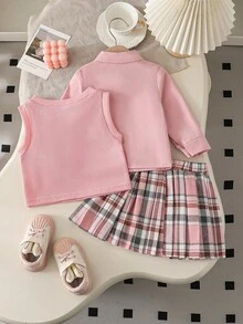 3pcs Baby Girls' Fashion Casual Cute Set: Pink Minimalist Shirt + Pleated Striped Skirt + Bow Bunny Knitted Warm Vest - Pink - View 2