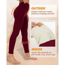 NexiEpoch Fleece Lined Leggings Women - Thermal Thick Winter Warm High Waisted Tummy Control Soft Pants For Snow Cold - 勃根地酒紅色+中等 - 查看 4
