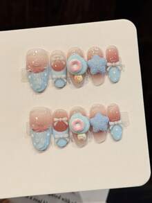 10Pcs Blue Donut Press On Nails With Star Bowknot Design Artificial False Nails For Women Daily Party Wear - Pink - View 4