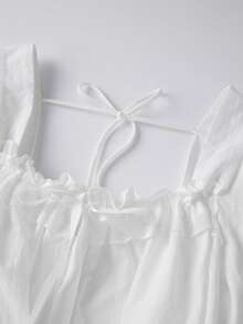 2Pcs Loungewear Sets For Women Puff Long Sleeve Square Neck Ruffled Trim Lace Contrast Tops With Elastic Waist Shorts - White - View 7