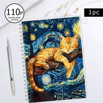 GDTME 1 pieza Cuaderno de espiral vintage - Tema de pintura de gato de Van Gogh, útiles de oficina de arte, libro de trabajo, regalo para fans de Van Gogh, diario personal, diario de viaje, 160 páginas, temporada de regreso a clases