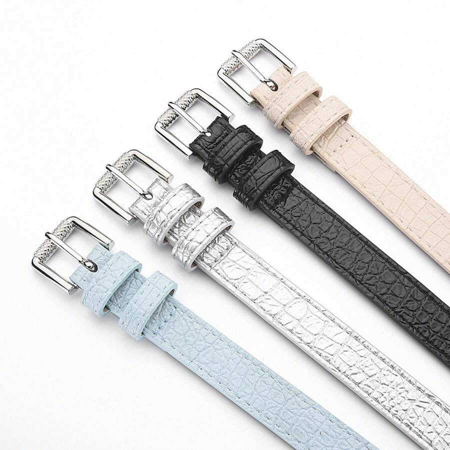 1Pcs Crocodile-Embossed Belt - Black PU Leather Strap With Silver Alloy Buckle, Minimalist Dress & Jeans Accessory, Luxury Textured Waist Belt - 銀色 - 查看 1