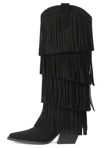 Women's Cowboy Boots Black Boots Knee High Fringe Decoration Pointed Toe Chunky Heel Summer Boots Country Concert Cowgirl Festival Shoes Outfits For Women Boots - màu đen - Xem 11