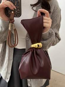1pc Solid Color PU Leather Handbag, Burgundy Ancora Design, Women's Personalized Mini Cloud Pleated Bag With Metal Decor Zipper Closure, Suitable For Daily And Outdoor Use - Burgundy - View 8