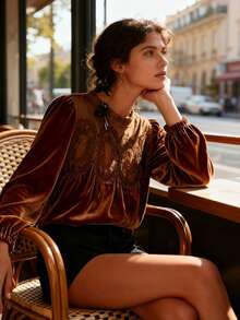 Velvet Trim Lace Blouse Women Long Sleeve Elegant Swing Top Flared Hem Round Neck Casual Blouse Tunic - 棕色 - 查看 5