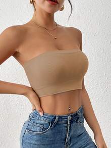 LianShengFa 1pc Seamless Ribbed High Stretch Wireless Yoga Tank Top For Women, Soft, Breathable, Supportive Sports Bra For Fitness, Can Be Worn As Outerwear - Apricot - View 4