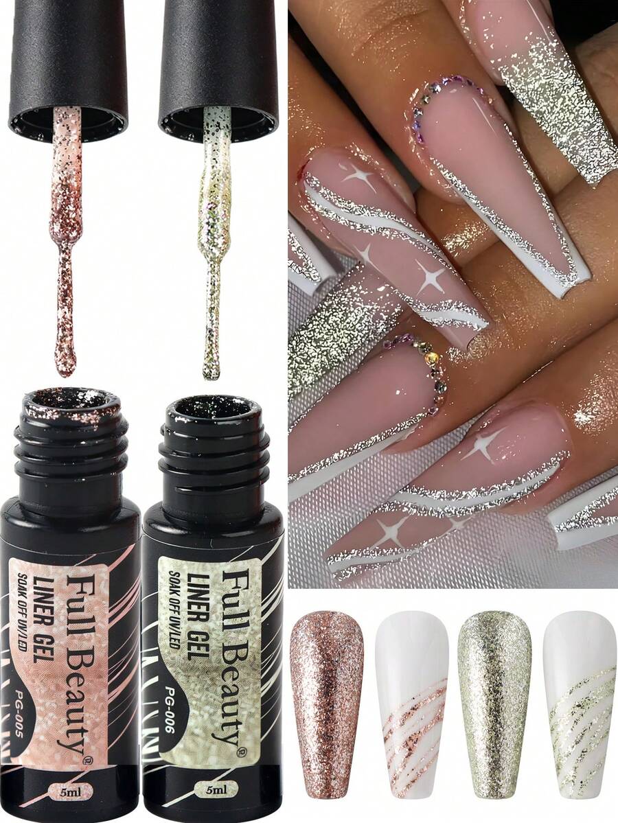 Sơn gel móng tay nhũ nhiều màu sắc 5ml, màu vàng hồng ánh sâm panh, tạo hiệu ứng đường kẻ lấp lánh, vẽ graffiti, kẻ sọc, nghệ thuật vẽ móng LED, dụng cụ làm móng, cọ vẽ sẵn, tự làm móng, cần thời gian sấy khô.