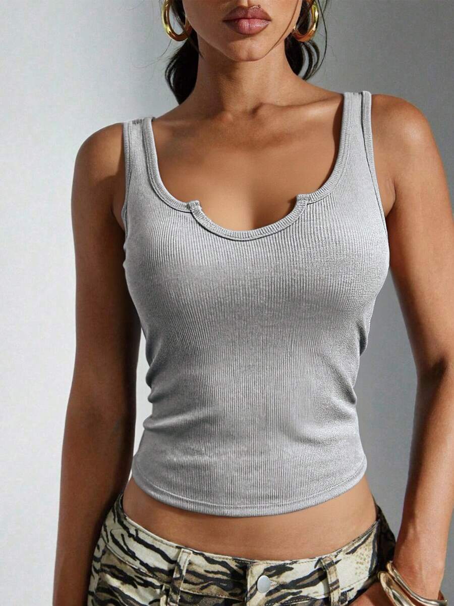 女士露背休闲运动风吊带背心，罗纹衬里带胸垫，修身剪裁，背部支撑打底衫 - 灰色 - 查看 1