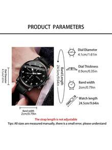 2pcs/Set Minimalist Casual Men's Quartz Watch Set, All-Black Design (Includes 1 Leather Strap Quartz Watch And 1 Black Chain Bracelet). Equipped With Multi-Function Chronograph Dial.
