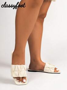 Wide Fit Women's Fashionable Square Toe Ruched Flat Sandals, Black PU Slip-On Summer Holiday Style - Beige - View 5