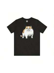 T-Shirt With Adorable Cat Graphic - White - View 8