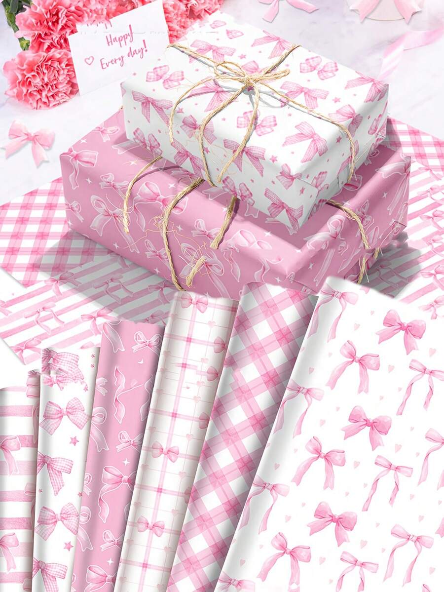 6 pezzi di carta da regalo rosa con fiocco, adatta per regali, mazzolino, composizioni floreali, anniversari, matrimoni, lauree, Natale, confezioni regalo - Multicolore - Visualizzare 1