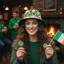 Irish Holiday Hat, Soft Bucket Hat Shamrock Letters Print Party Photo Booth Props, St. Patrick's Shamrock Design - Light Green - View 5