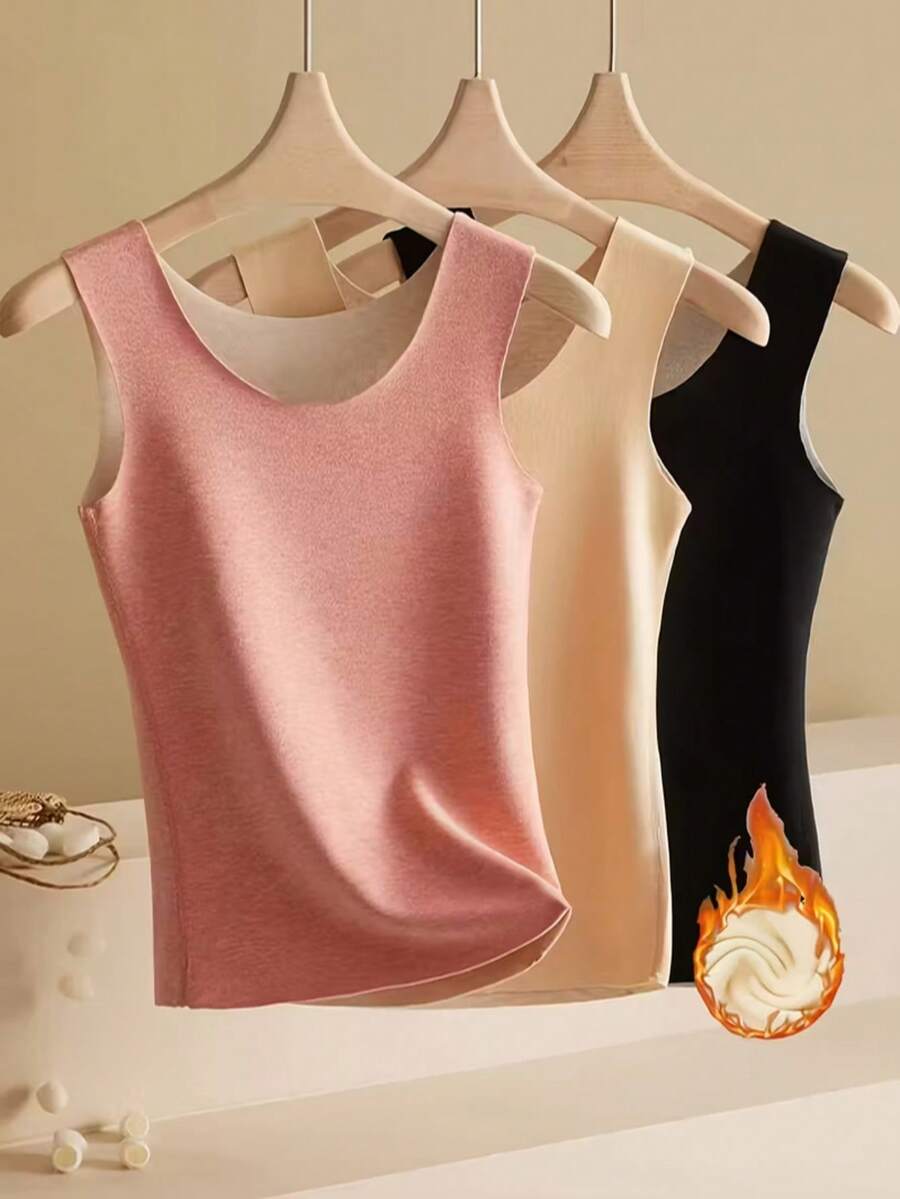 3pcs Pack Women Seamless Thermal Insulation Reversible Thermal Lined Vest, Solid Color Basic Tank Top - Mixed Colors - View 1