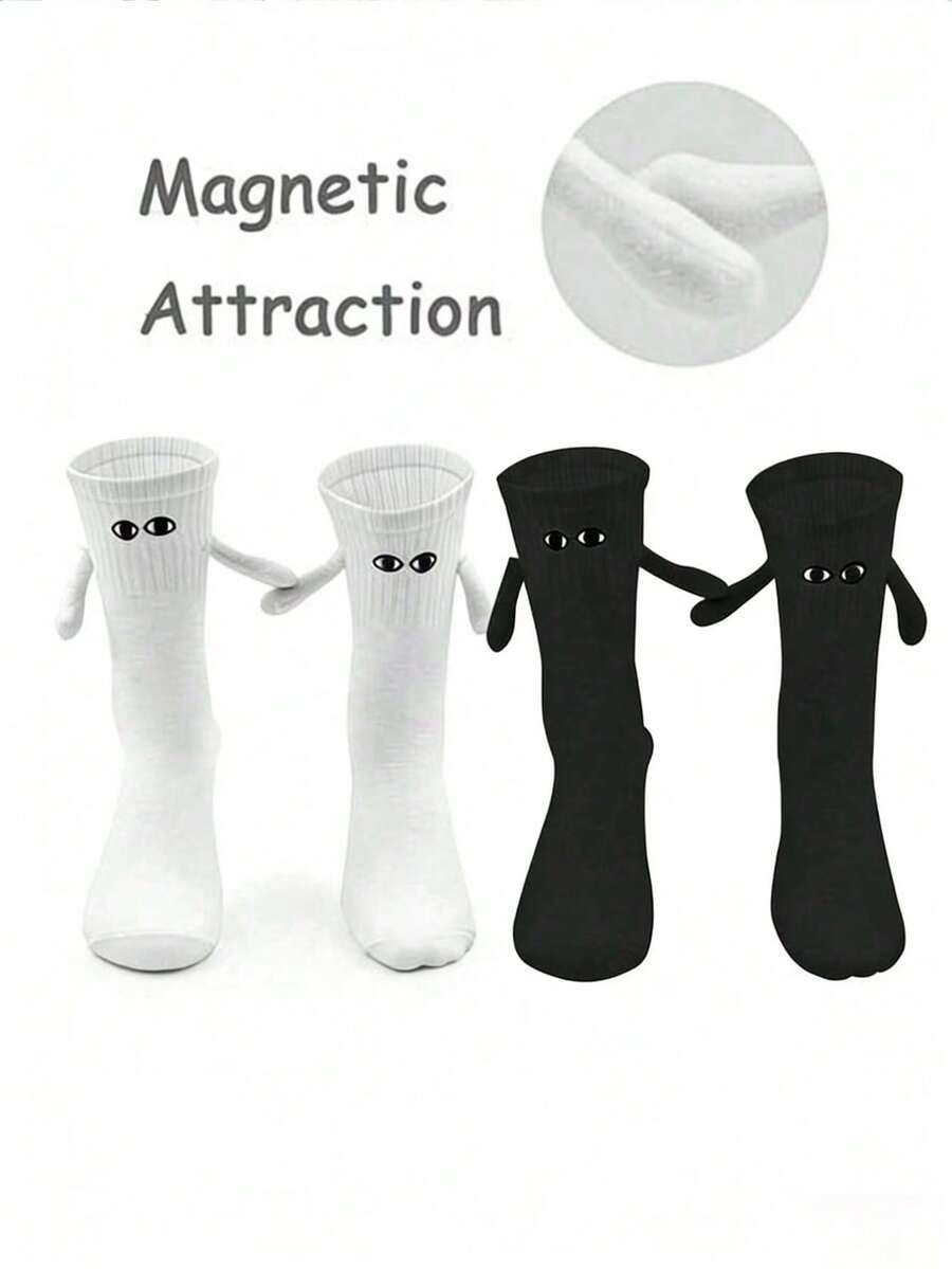 半双装磁性情侣袜，可爱自动吸附式中筒袜，春秋季 - 黑與白 - 查看 1