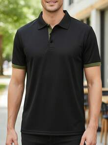 男士拼色四分之一鈕扣 Polo 衫，休閒週末 T-shirt，經典版型夏季運動上衣 - 黑色 - 查看 2