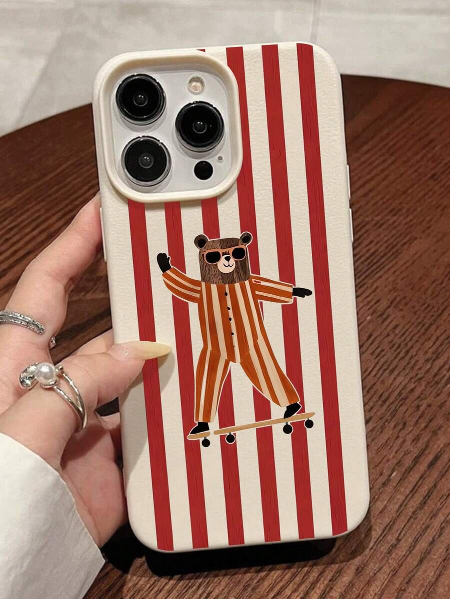 Retro Striped Skate Bear Phone Case - Featuring Stylized Cool Bear (Sunglasses + Striped Jumpsuit) On Skateboard, Bold Red & Cream Vertical Stripe Pattern, Compatible With IPhone17,17pro,17pro Max,16,16plus,16pro Max,16e,16pro,15,15plus,15pro Max,15pro,14,14plus,14pro Max,14pro,13,13pro,13pro Max,12,12pro,12pro Max - Multicolor - View 1