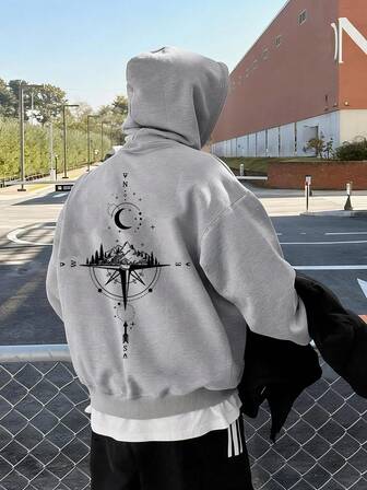 Teen Boys Letter Compass Pattern Casual Gray Hooded Sweatshirt. Suitable For Spring And Autumn Seasons.