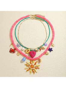 3 件波西米亚手工串珠海洋风格螃蟹、心形、海星、牛油果吊坠多层项链女士可爱海滩度假龙虾、贝壳、辣椒串珠项链配饰（手工制作，吊坠位置随机，珠子颜色可能有细微瑕疵）