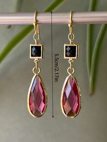 2pcs Elegant Rhinestone Encrusted Pink & Black Teardrop Shaped Vintage Metal Pendant Earrings, Women's Daily, Party, 2026 New Jewelry Accessories - Multicolor - View 2