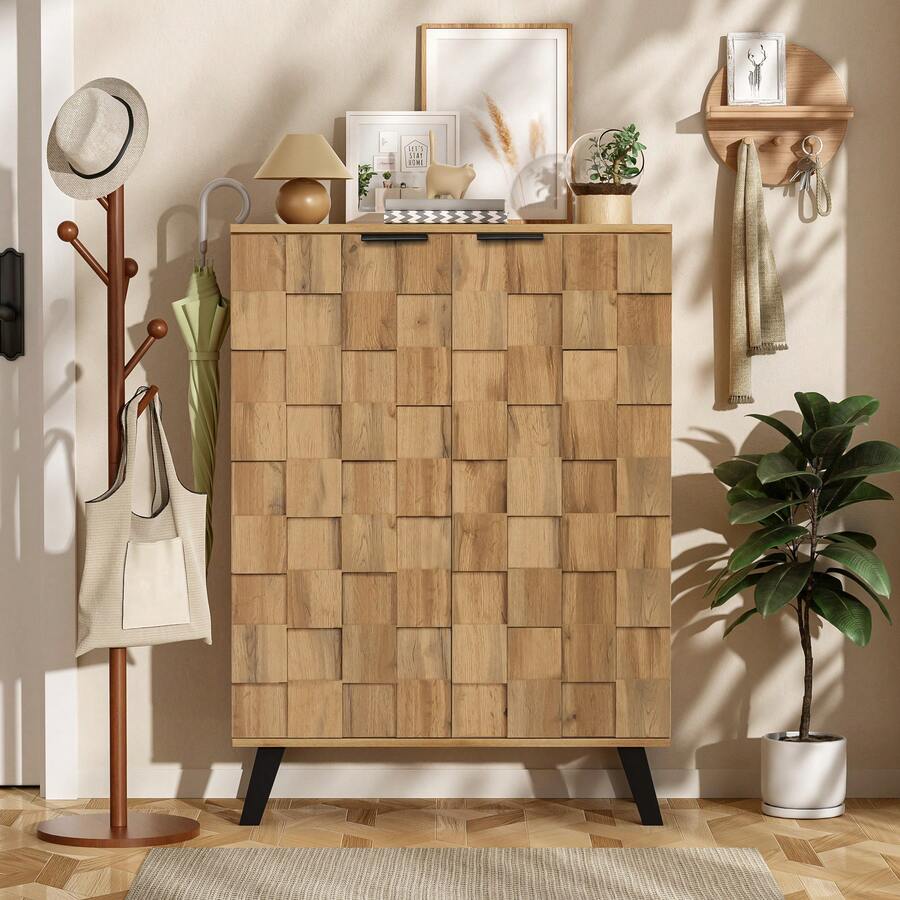 Modern 5-Compartment Shoe Cabinet/Sideboard – Dimensions 80.5 X 35 X 109.5 Cm, Adjustable Shelves - Wood Color + Particleboard - View 1