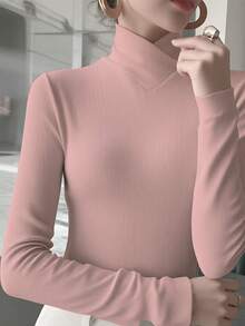 女款純色針織交叉設計立領打底 T-shirt 上衣，辦公新年上衣，秋冬新款休閒粉色 - 粉色 - 查看 5