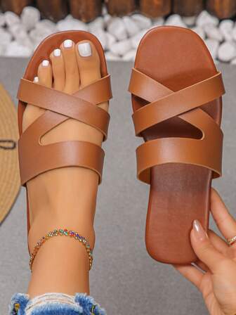 1 Pair Women's Brown Flat Sandals, Open Toe, Breathable, Fashion Minimalist, Comfortable, Versatile, Slip-On Beach Shoes, European Size, Plus Size