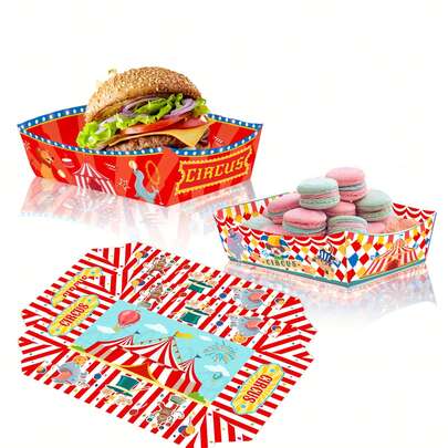 24pcs Set - Carnival Circus Clown Lion Party Snack Tray Uncovered Paper Box Tray, Party Festival Decoration, Ice Cream Shop Cake Shop Snack Street Home Office Coffee Shop Paper Box