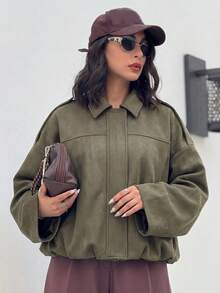 Women's Suede Bomber Jacket, Lapel Collar Long Sleeve Zipper Loose Outerwear, Casual New Style Fashion Coat, Spring/Autumn - Army Green - View 5