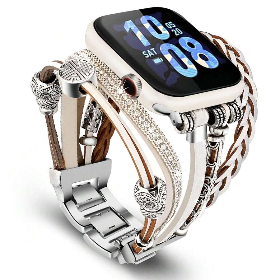 1件白色人造皮革錶帶配銀色金屬扣,適用於 41mm、40mm、38mm、45mm、44mm、42mm、49mm,女性波希米亞風多層纏繞手鍊錶帶,適合 Series Ultra 10、9、8、7、6、5、4、3、2、1、SE - 銀色 - 查看 1