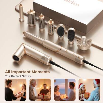 UKLISS 8-i-1 hopfällbar varmluftsborste multistyler | Varmluftskam, plattång, locktång, volymgivare, utredare, frisskontroll | Bärbar hopfällbar hårtorkborste för resor och hemstyling