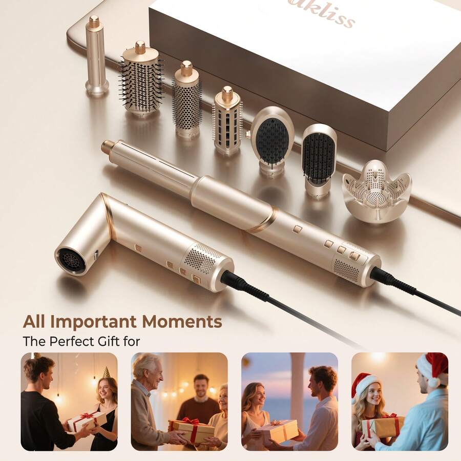 UKLISS 八合一可折叠热风造型器 | 热风梳、直发器、卷发器、蓬松器、柔顺器、防毛躁器 | 便携式折叠吹风梳，适合旅行和居家造型
