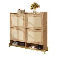 Elegant Schuhschrank Aus Holz Mit Rattantüren – 4 Türen, Metallrahmen Und Oberes Regal Für Stilvolle Und übersichtliche Aufbewahrung. - Wood - View 5