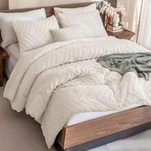 Queen Size Bed Comforter Set - Bohemian, Soft, Warm, Button Tufted  Design, Neutral Tone, Rustic, Aesthetic, Textured, Beige/Cream Color - Beis - Ver 2