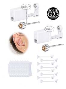 G23 Titanium Ear Piercing Kit (Gold & Silver), 2pcs Disposable Ear Piercing Gun, Pre-Loaded 4mm Ear Studs, Home Ear Lobe, Cartilage, Helix Piercing Set With Waterproof Ear Caps And Clear Ear Studs - Multicolor - View 10