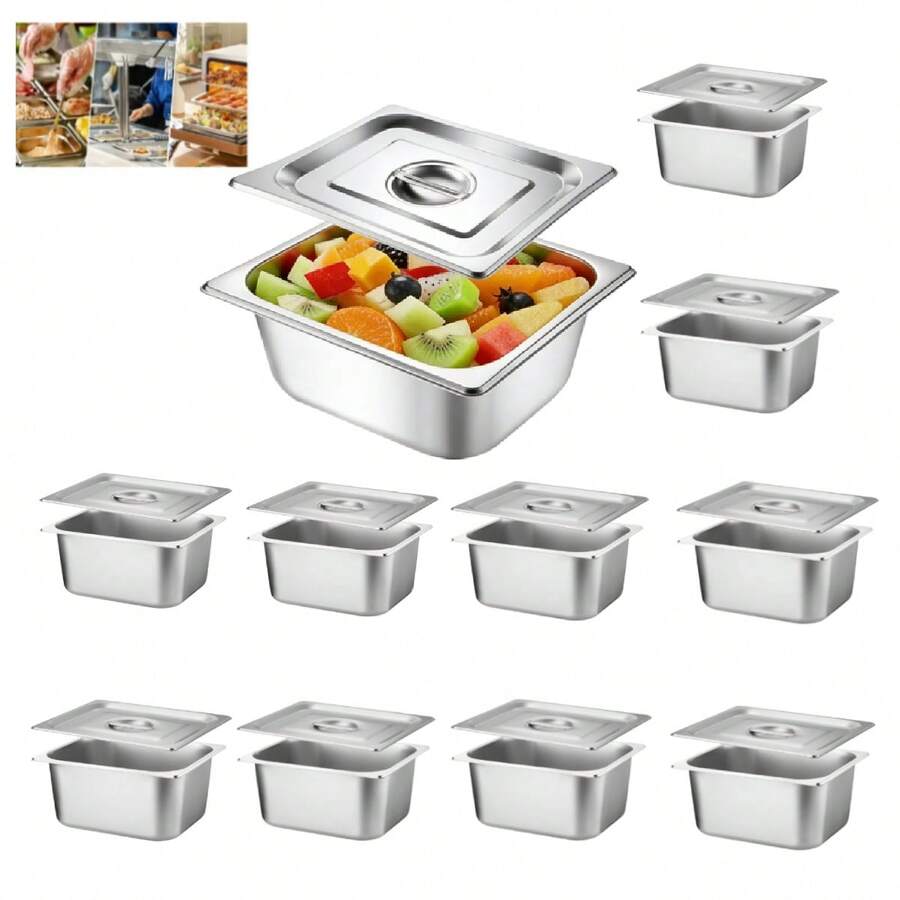 Juego de 10 sartenes de acero inoxidable para hotel, con tapas, sartenes de restaurante de tamaño medio de 1/2 para hotel, comida buffet, suministros de catering(325*265*100mm) - Plateado - Ver 1