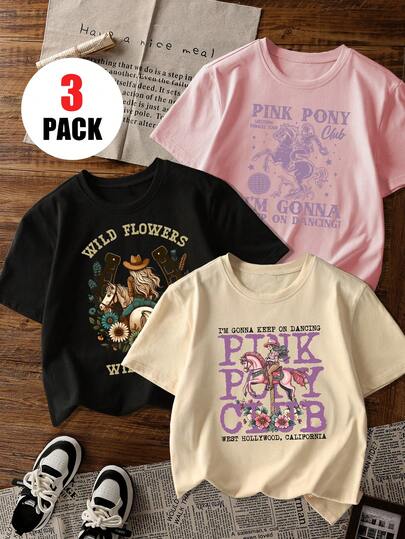 3pcs Girls Casual Printed Round Neck Short Sleeve T-Shirt, Summer Student Young Children Clothing - Lovely Horse Print T-Shirt Brings Joy And Happiness To Every Child!