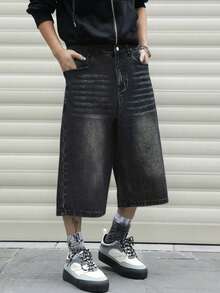 1 Stück amerikanische High-Street gewaschene, abgenutzte schwarze weite Bermuda Jeans-Shorts (Gürtel und Zubehör nicht enthalten)