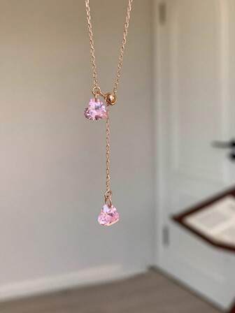 1 pieza Collar ajustable de cadena fina y delicada de acero inoxidable con colgante de corazón con doble piedra de color rosa, cadena para suéter