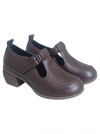 Retro Chunky Damskor med mellanhög klack, rund tå, spänne och bekväma vardagsskor, medelålders mammaskor, vardagsskor, året runt-skor, svarta, kardborreknäppning, spännedekor, dansskor