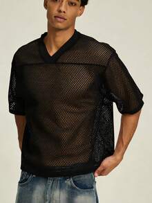 1PCS Summer Boxy Fit Crochet T-Shirt Men's 100% Polyester Mesh Jersey, Casual Urban Oversized Streetwear High-Quality V Neck Short-Sleeved Fashion Breathable Men Sexy Summer See Through Top Tee - 黑色 - 查看 8