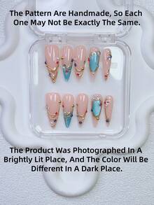 10片装Y2K美甲尖头按压式美甲套装 - 手工制作，粉色美甲，蓝色美甲，蓝色猫眼法式美甲，手绘蓝色猫眼图案和3D金色图案设计，闪亮彩色水钻美甲，精致优雅美甲用品 - 彩色 - 查看 4