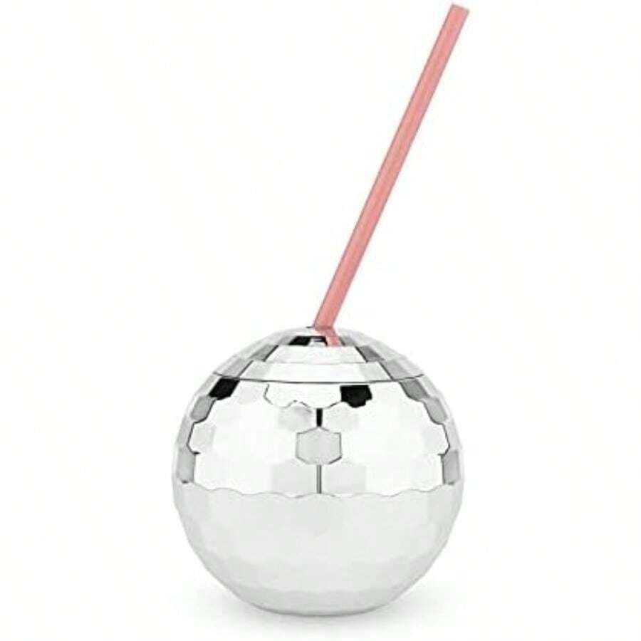 Blush Silver Disco Ball Cup con tapa y pajita, 16 onzas, juego de 1 unidad, suministros de fiesta(Bola de discoteca plateada) - Multicolor - Ver 1