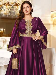 Plus Size Sequin Floral Lace Patchwork Gold Tape Long Sleeve Satin Hem Modest Evening Party Long Dress, Valentine's Day Dress, Wedding Guest Dress, For Birthday, Graduation, Homecoming Elegant Spring - Maroon - View 8