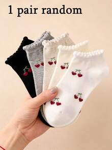 1/5 双装 女士甜心樱桃图案蕾丝边短袜 - 可爱、舒适、柔软、休闲 - 适合日常穿着、运动、旅行、上学等场合 - 彩色 - 查看 9