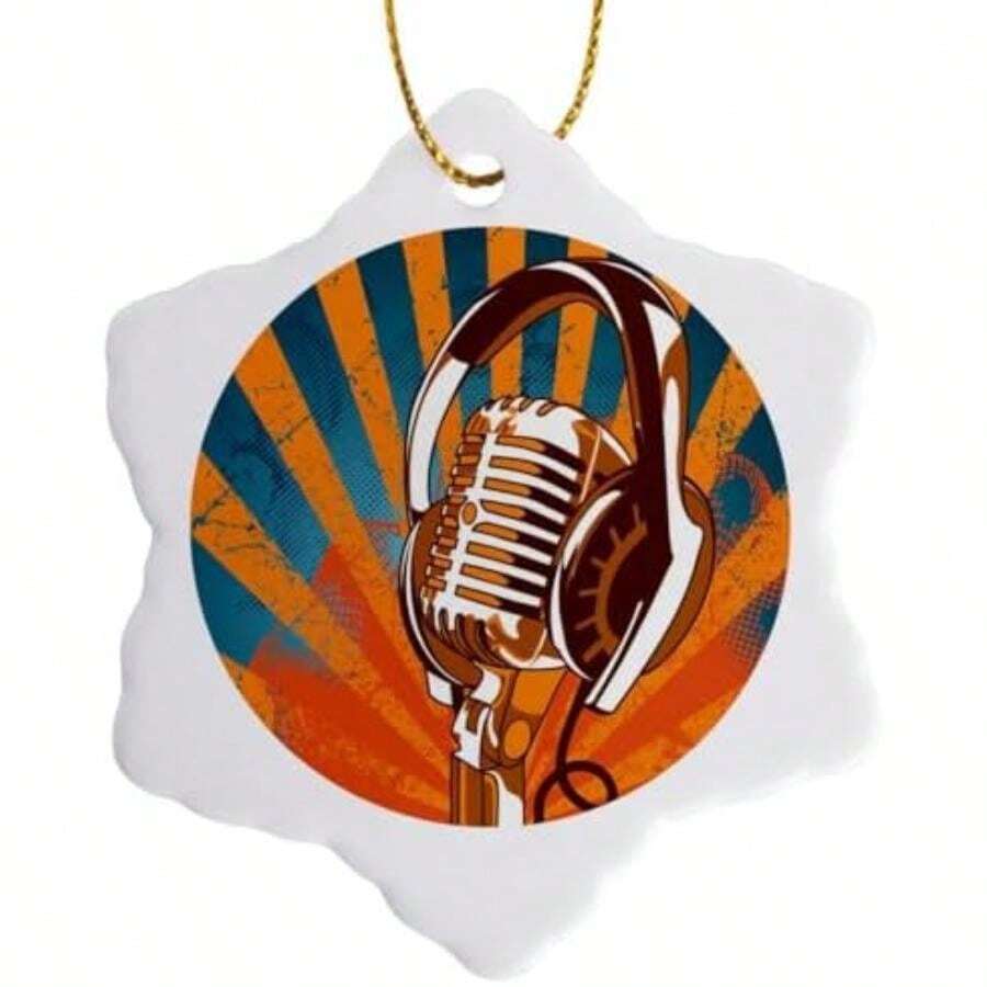 3dRose ORN_115374_1 Vintage Mic Microphone and Headphones on Grunge Halftone Rays Background Music-Snowflake Ornament, Porcelain, 3-Inch(3 inch Snowflake Porcelain Ornament) - Multicolor - Ver 1